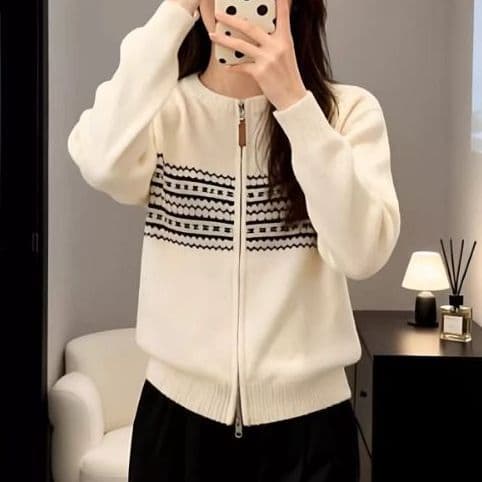 봄 가을 새로운 카운터 품질 라운드 넥 스트라이프 지퍼 카디건 코트 여성 셔츠 슬림해 보이는 캐주얼 다용도 니트 스웨터 상세 이미지 6