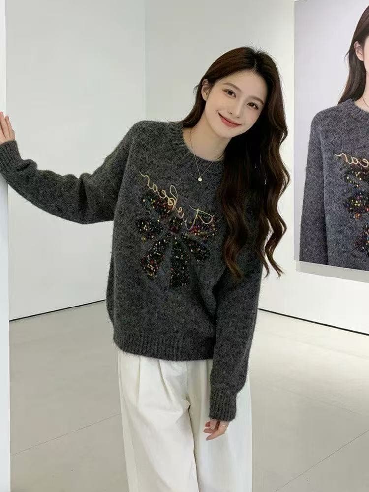 한 부서 디자인 센스 고유 한 나비 매듭 스웨터 여자 겨울 연령 감소 캐주얼 라운드 넥 풀오버 니트 스웨터 인사이드 잡아라. 의류 상세 이미지 4