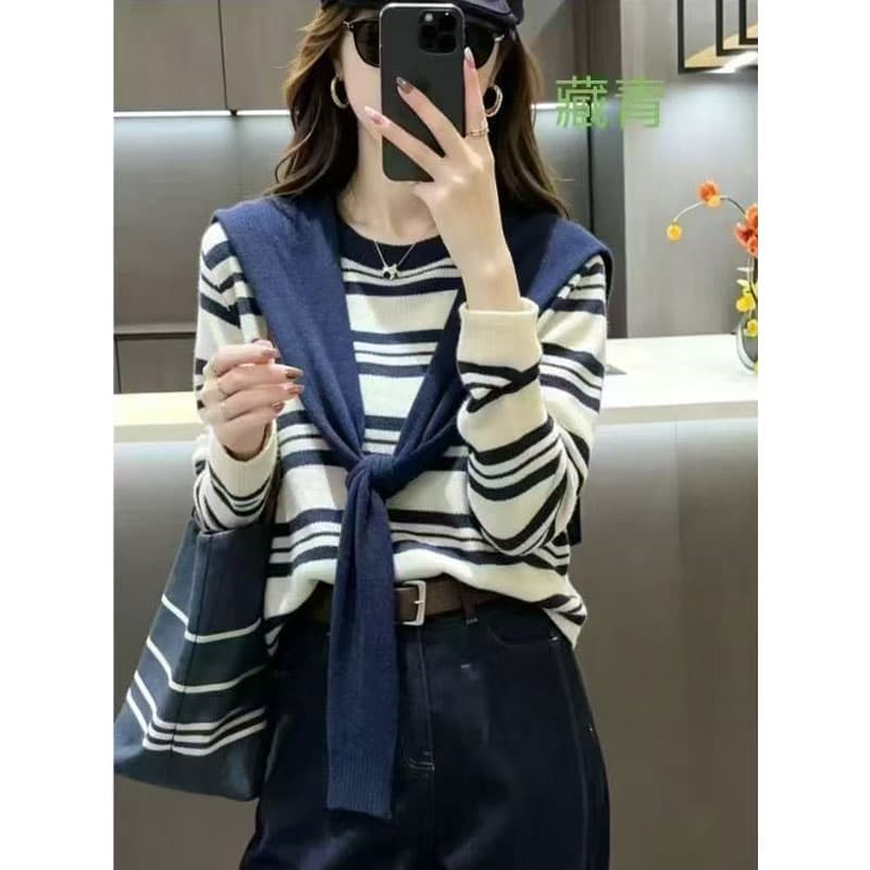 한 부서 패션 스트라이프 숄 페이크 레이어드 니트 스웨터 여성 새로운 봄과 가을 루즈핏 느긋한 바람 이른 가을 맨위 여성 이미지 4