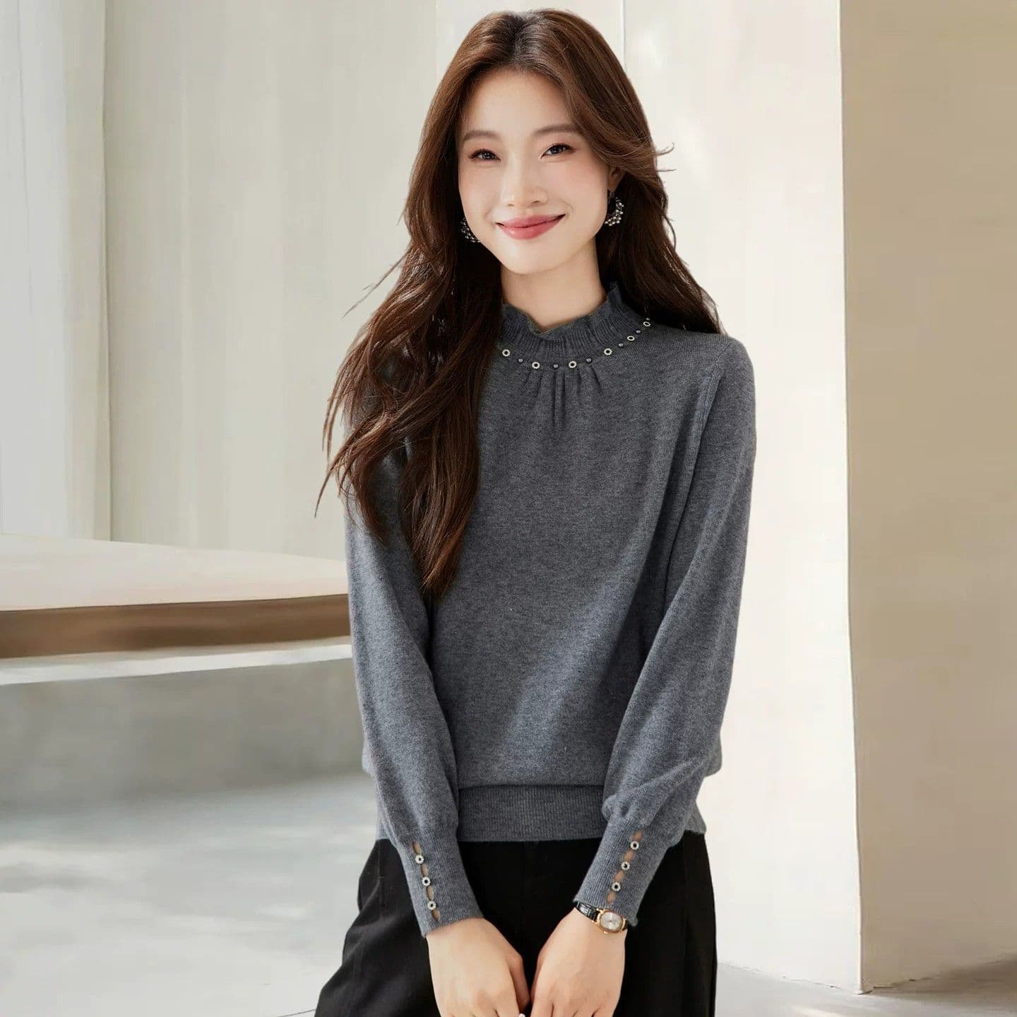 한 부서 패션 품격 레이스 칼라 비즈 박기 클래식 스웨터 기본 셔츠 여성 새로운 가을 겨울 폐회 소매 니트 맨위 이미지 5