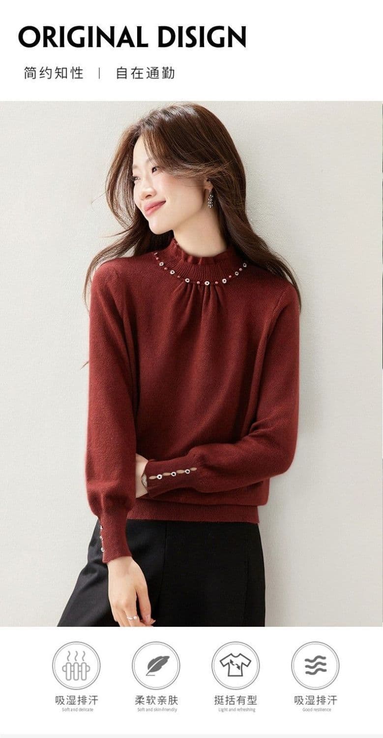 한 부서 패션 품격 레이스 칼라 비즈 박기 클래식 스웨터 기본 셔츠 여성 새로운 가을 겨울 폐회 소매 니트 맨위 상세 이미지 1