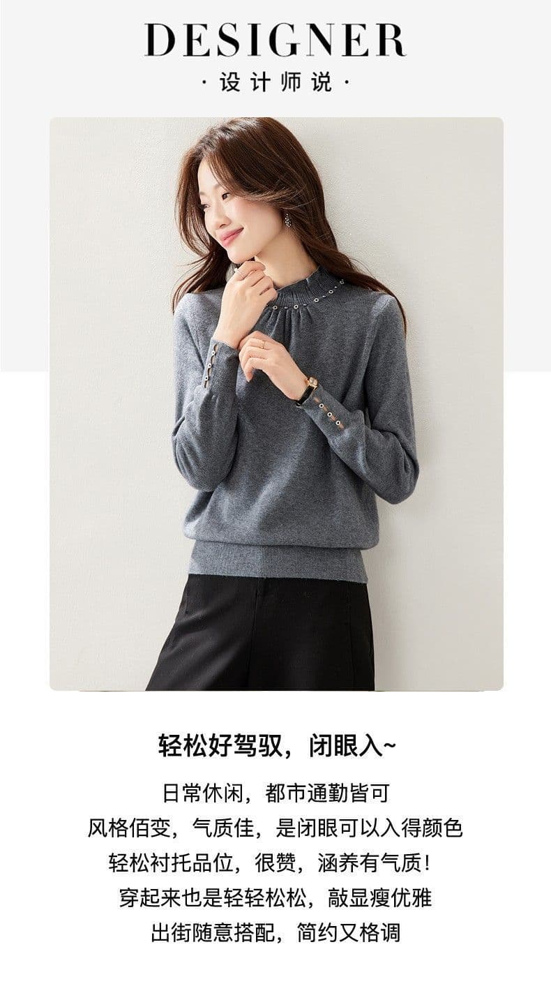 한 부서 패션 품격 레이스 칼라 비즈 박기 클래식 스웨터 기본 셔츠 여성 새로운 가을 겨울 폐회 소매 니트 맨위 상세 이미지 2