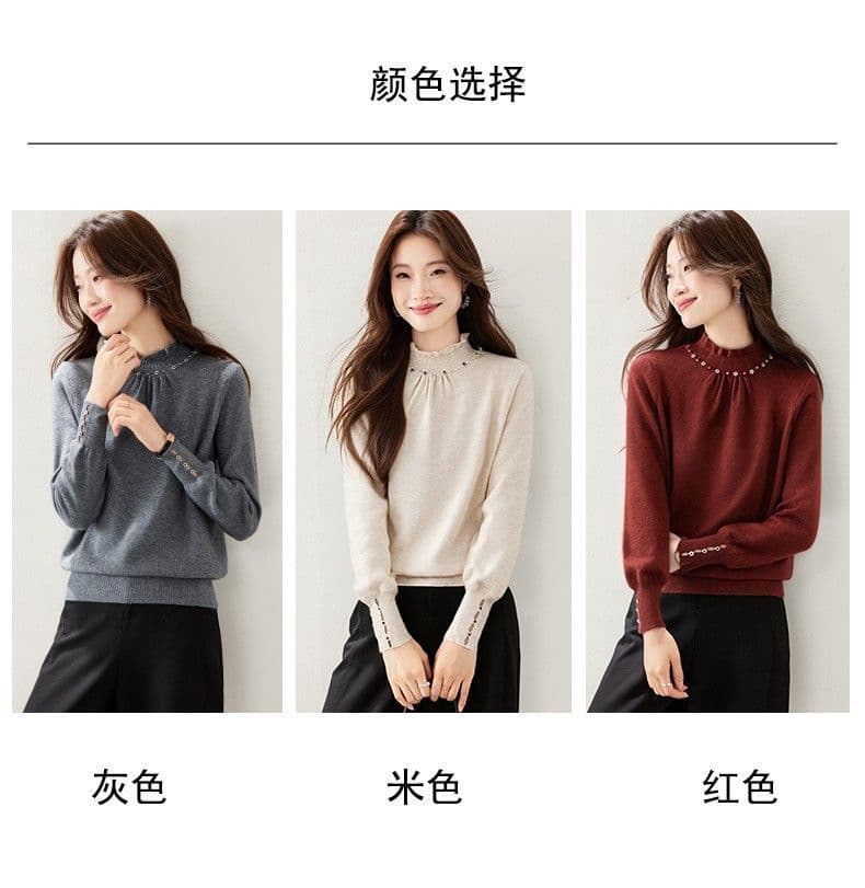 한 부서 패션 품격 레이스 칼라 비즈 박기 클래식 스웨터 기본 셔츠 여성 새로운 가을 겨울 폐회 소매 니트 맨위 상세 이미지 4