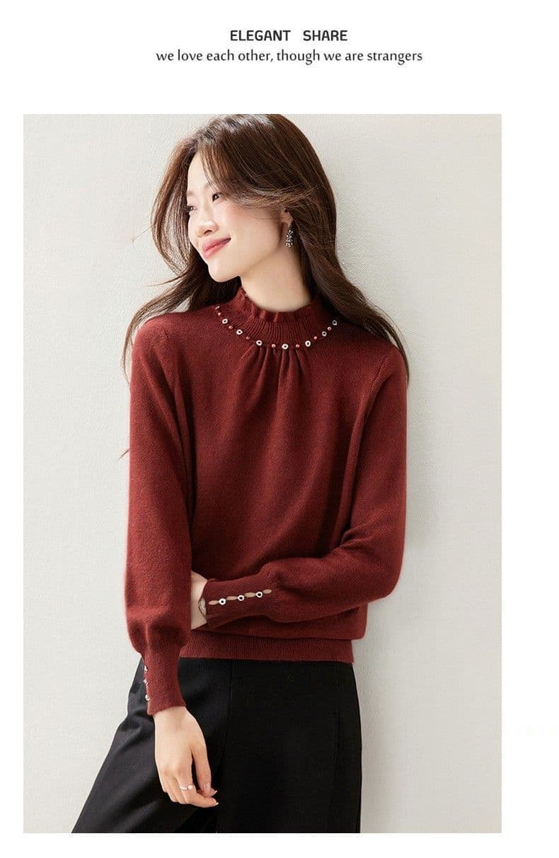한 부서 패션 품격 레이스 칼라 비즈 박기 클래식 스웨터 기본 셔츠 여성 새로운 가을 겨울 폐회 소매 니트 맨위 상세 이미지 7
