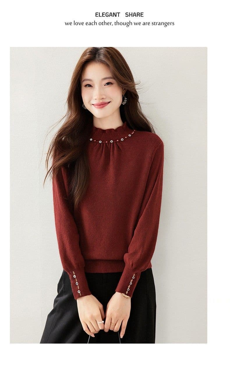 한 부서 패션 품격 레이스 칼라 비즈 박기 클래식 스웨터 기본 셔츠 여성 새로운 가을 겨울 폐회 소매 니트 맨위 상세 이미지 9