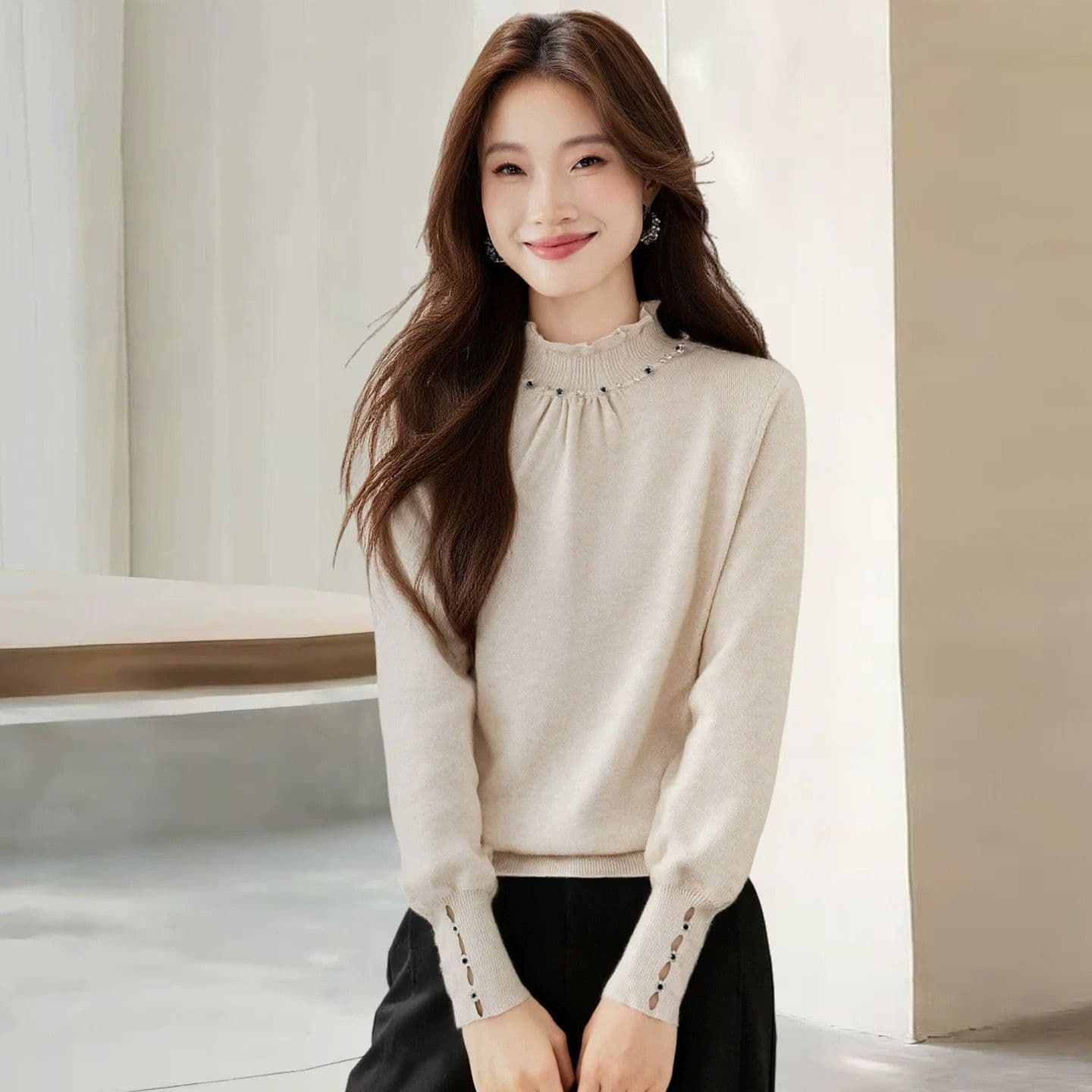 한 부서 패션 품격 레이스 칼라 비즈 박기 클래식 스웨터 기본 셔츠 여성 새로운 가을 겨울 폐회 소매 니트 맨위 상세 이미지 22