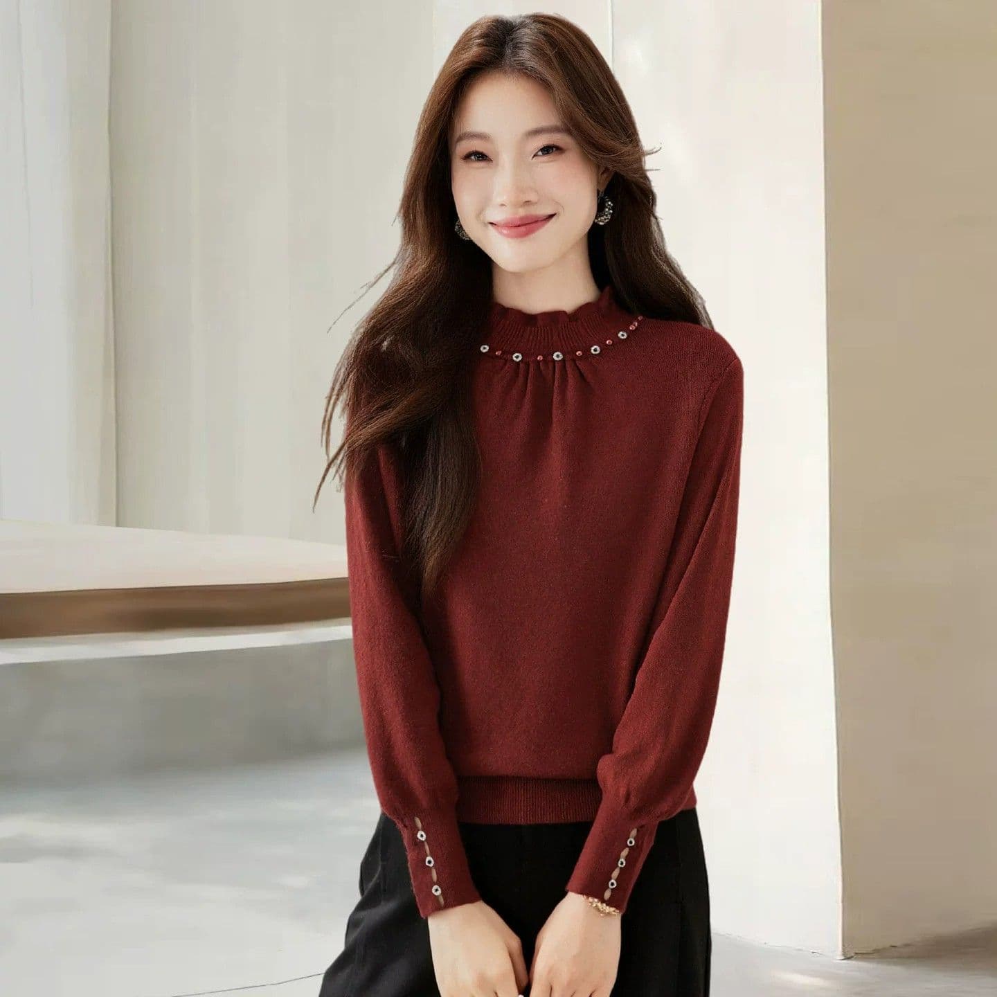 한 부서 패션 품격 레이스 칼라 비즈 박기 클래식 스웨터 기본 셔츠 여성 새로운 가을 겨울 폐회 소매 니트 맨위 상세 이미지 27
