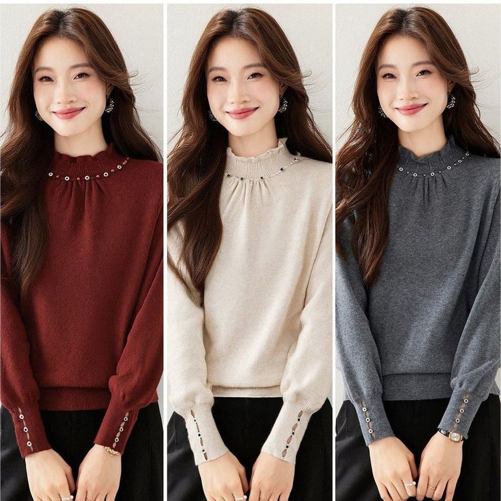 한 부서 패션 품격 레이스 칼라 비즈 박기 클래식 스웨터 기본 셔츠 여성 새로운 가을 겨울 폐회 소매 니트 맨위 상세 이미지 29