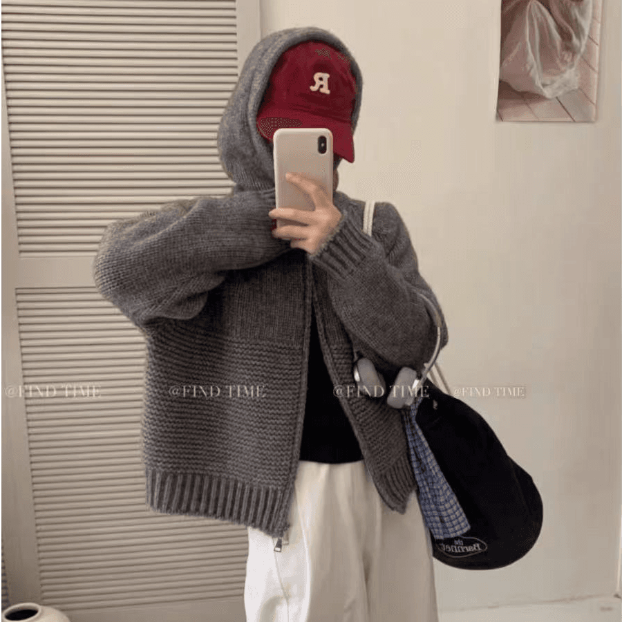 한 부서 캐주얼 물결무늬 곡물 더블 지퍼 후드 스웨터 여성 코트 새로운 루즈핏 슬림해 보이는 두꺼운 니트 오픈 가디건 트렌디 이미지 5