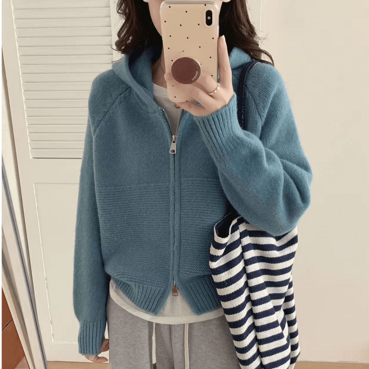 한 부서 캐주얼 물결무늬 곡물 더블 지퍼 후드 스웨터 여성 코트 새로운 루즈핏 슬림해 보이는 두꺼운 니트 오픈 가디건 트렌디 상세 이미지 14