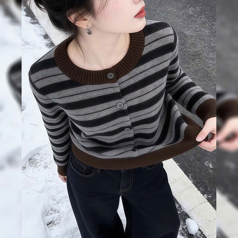 스트라이프 니트 오픈 가디건 여성 코트 봄 가을 새로운 캐주얼 라운드 넥 스웨터 인사이드 가져 가라. 기본 셔츠 프랑스식 레트로 맨위 상세 이미지 6