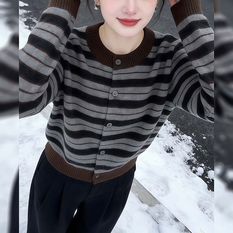 스트라이프 니트 오픈 가디건 여성 코트 봄 가을 새로운 캐주얼 라운드 넥 스웨터 인사이드 가져 가라. 기본 셔츠 프랑스식 레트로 맨위 상세 이미지 7