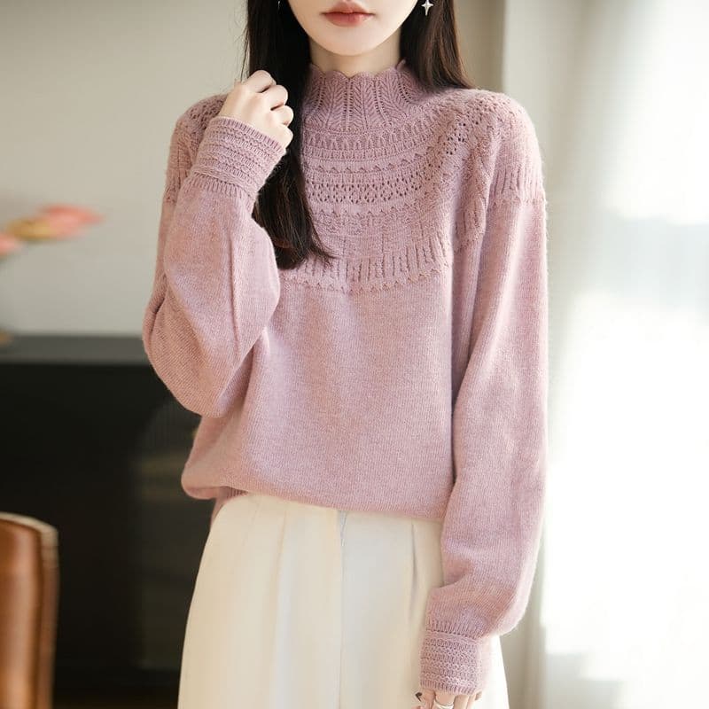 고급 부드러운 한 부서 바람 반하이넥 니트 기본 셔츠 여성 봄 가을 다용도 품격 스웨터 뽕나무 누에 실크 맨위 여성 이미지 4