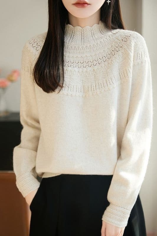고급 부드러운 한 부서 바람 반하이넥 니트 기본 셔츠 여성 봄 가을 다용도 품격 스웨터 뽕나무 누에 실크 맨위 여성 이미지 6