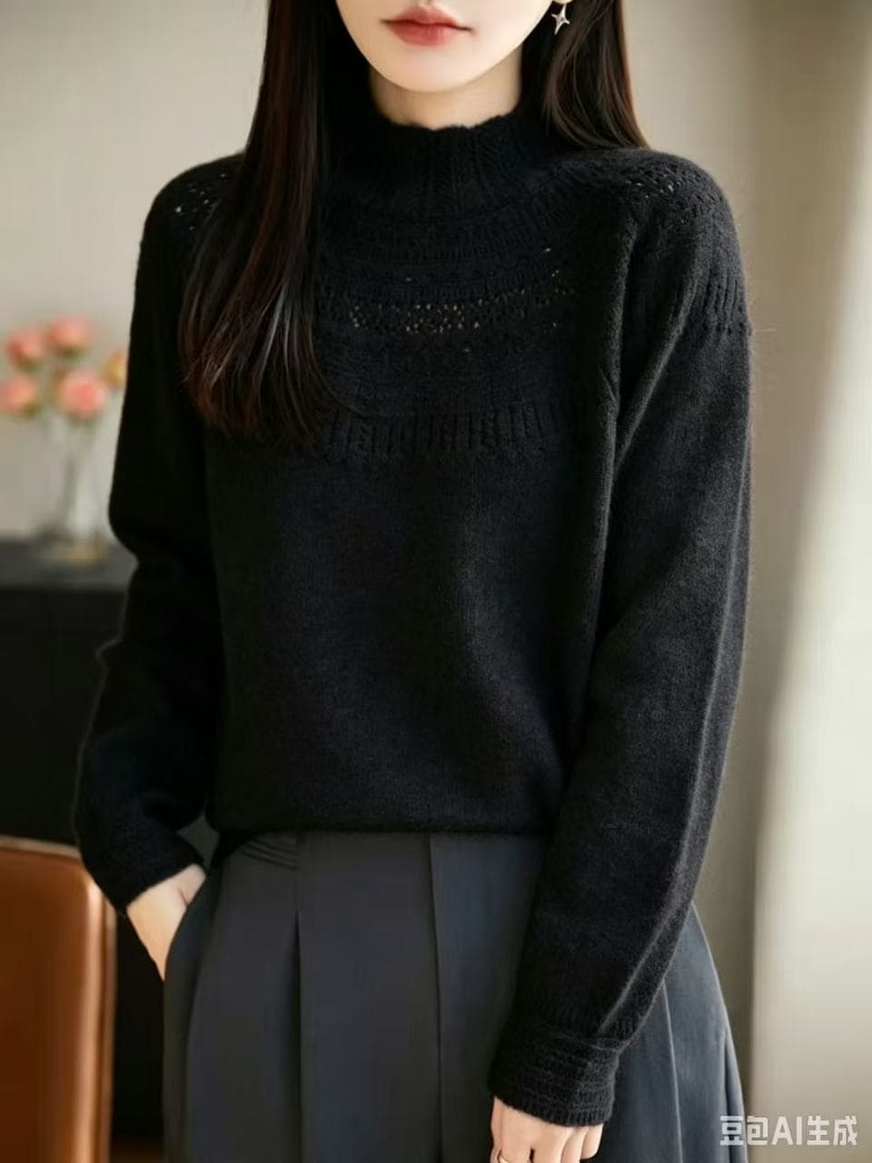고급 부드러운 한 부서 바람 반하이넥 니트 기본 셔츠 여성 봄 가을 다용도 품격 스웨터 뽕나무 누에 실크 맨위 여성 상세 이미지 12