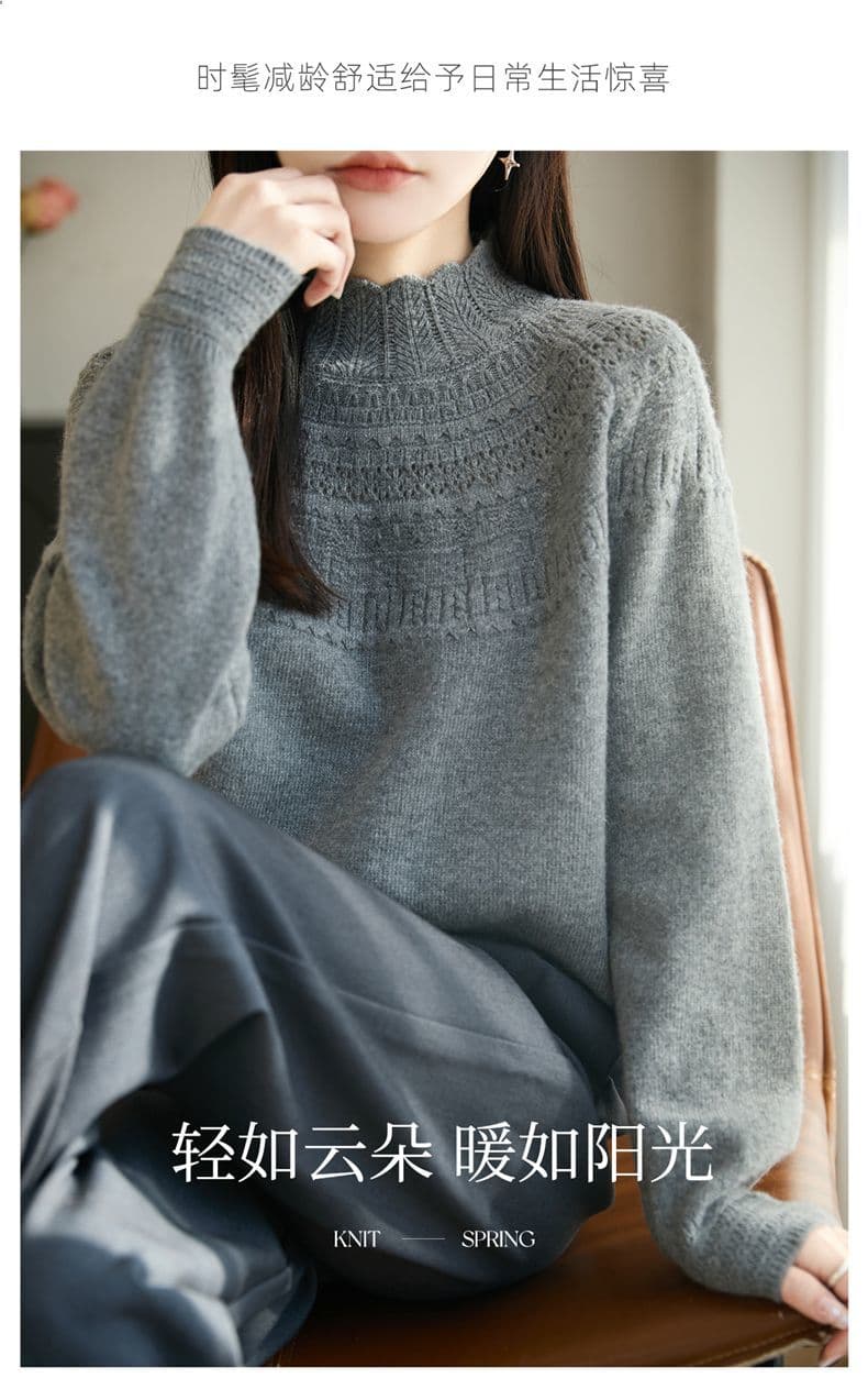 고급 부드러운 한 부서 바람 반하이넥 니트 기본 셔츠 여성 봄 가을 다용도 품격 스웨터 뽕나무 누에 실크 맨위 여성 상세 이미지 16