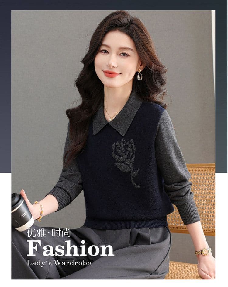 폴로 칼라 패치워크 색상 페이크 레이어드 니트 스웨터 여성 가을 겨울 새로운 외국 가스 패션 연령 감소 엄마 기본 셔츠 스웨터 맨위 상세 이미지 1