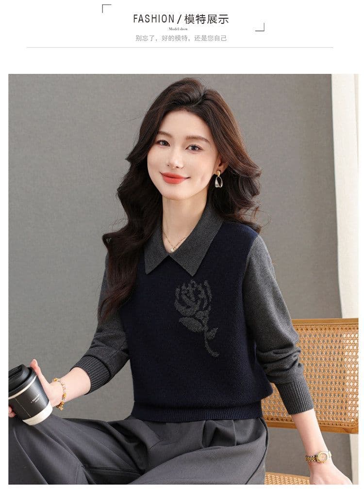 폴로 칼라 패치워크 색상 페이크 레이어드 니트 스웨터 여성 가을 겨울 새로운 외국 가스 패션 연령 감소 엄마 기본 셔츠 스웨터 맨위 상세 이미지 4