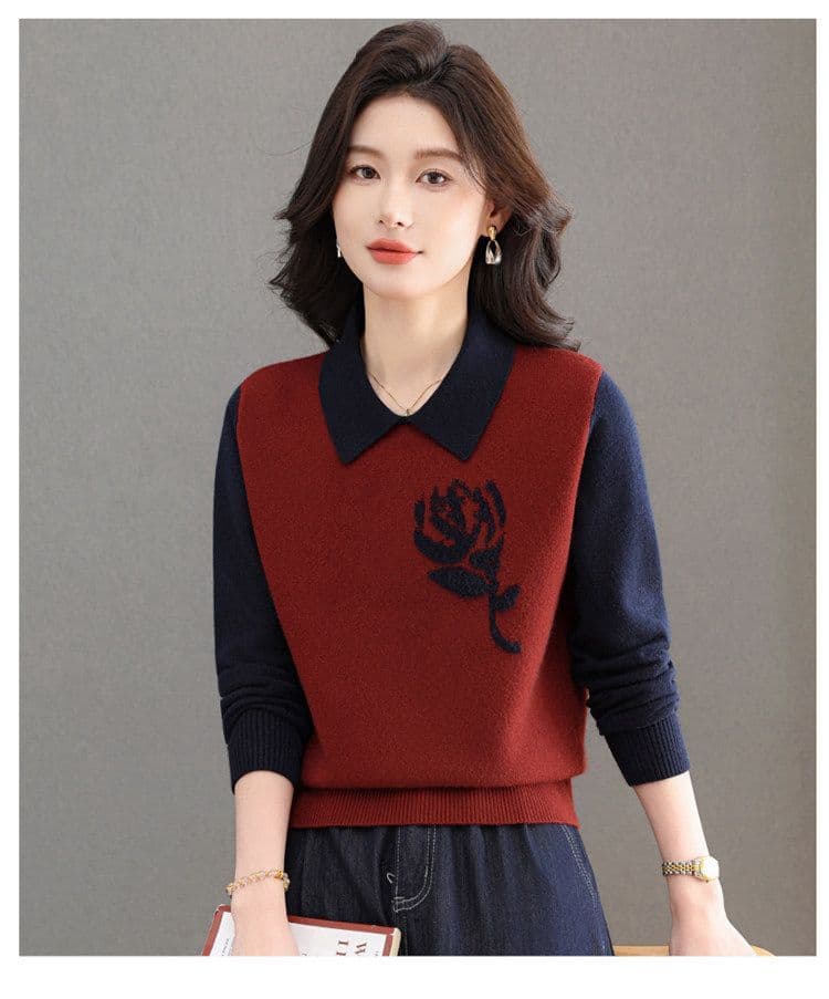 폴로 칼라 패치워크 색상 페이크 레이어드 니트 스웨터 여성 가을 겨울 새로운 외국 가스 패션 연령 감소 엄마 기본 셔츠 스웨터 맨위 상세 이미지 7
