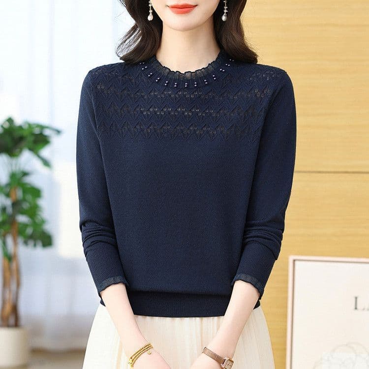 새로운 이른 가을 얇은 스타일 레이스 긴팔 두꺼운 니트 스웨터 여성 외국 가스 루즈핏 슬림해 보이는 스웨터 기본 셔츠 맨위 여성 이미지 4