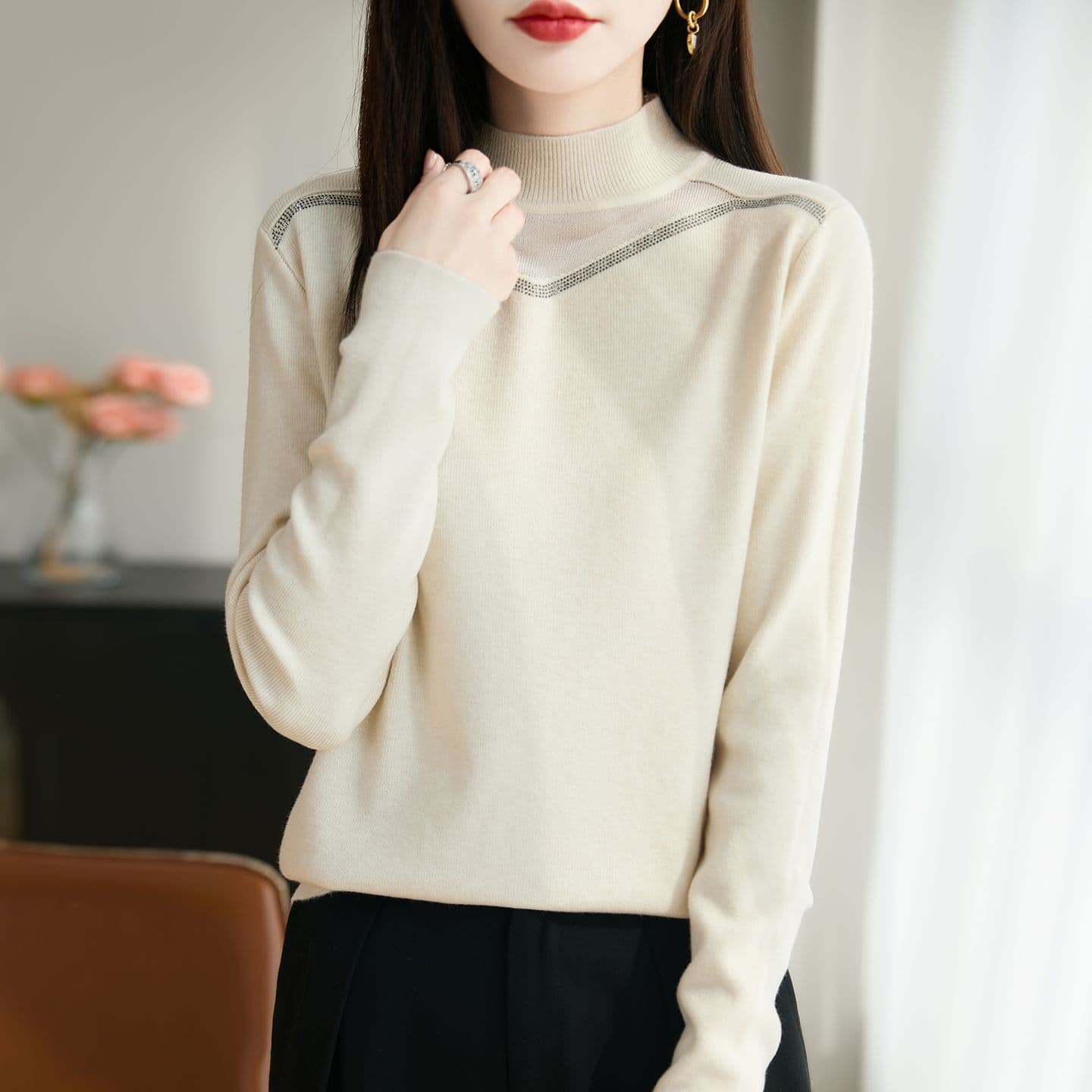 고급 핫픽스 반하이넥 니트 스웨터 여성 인사이드 가져 가라. 스웨터 봄 가을 새로운 슬림해 보이는 뽕나무 누에 실크 만나는 맨위 여성