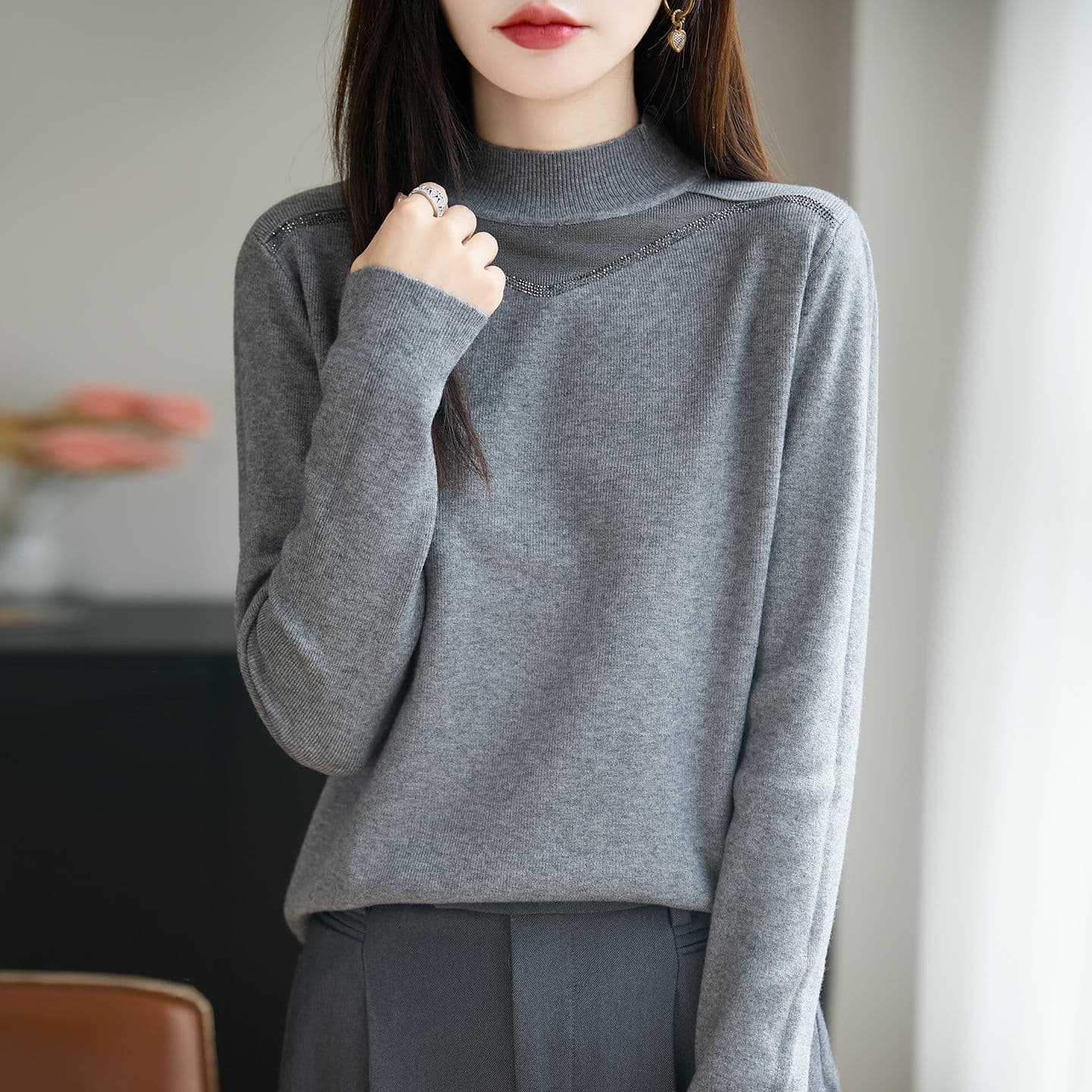 고급 핫픽스 반하이넥 니트 스웨터 여성 인사이드 가져 가라. 스웨터 봄 가을 새로운 슬림해 보이는 뽕나무 누에 실크 만나는 맨위 여성 이미지 2