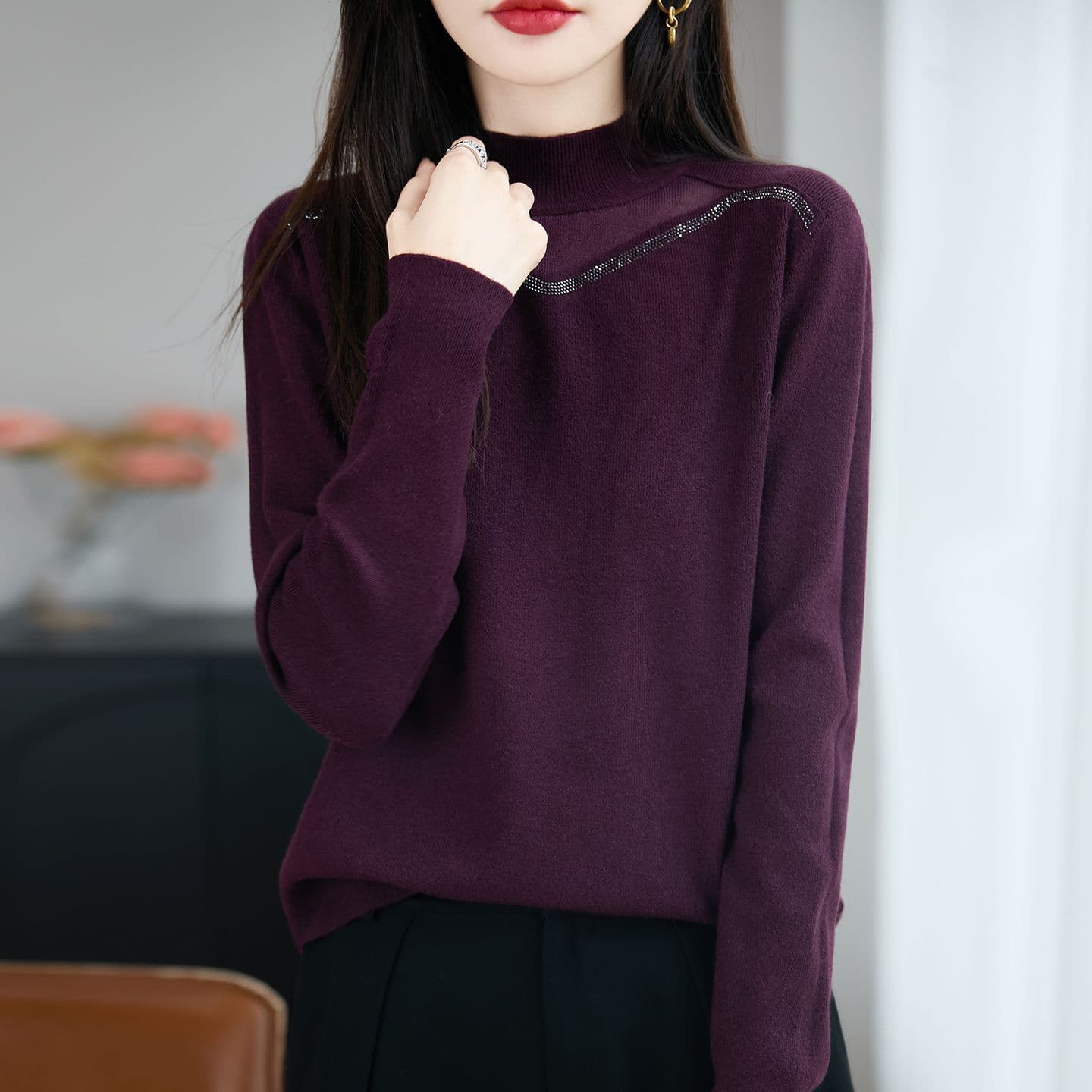 고급 핫픽스 반하이넥 니트 스웨터 여성 인사이드 가져 가라. 스웨터 봄 가을 새로운 슬림해 보이는 뽕나무 누에 실크 만나는 맨위 여성 이미지 5