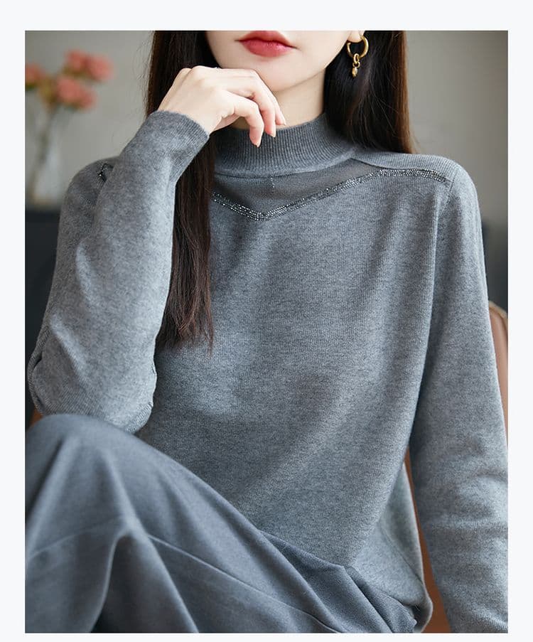 고급 핫픽스 반하이넥 니트 스웨터 여성 인사이드 가져 가라. 스웨터 봄 가을 새로운 슬림해 보이는 뽕나무 누에 실크 만나는 맨위 여성 상세 이미지 15