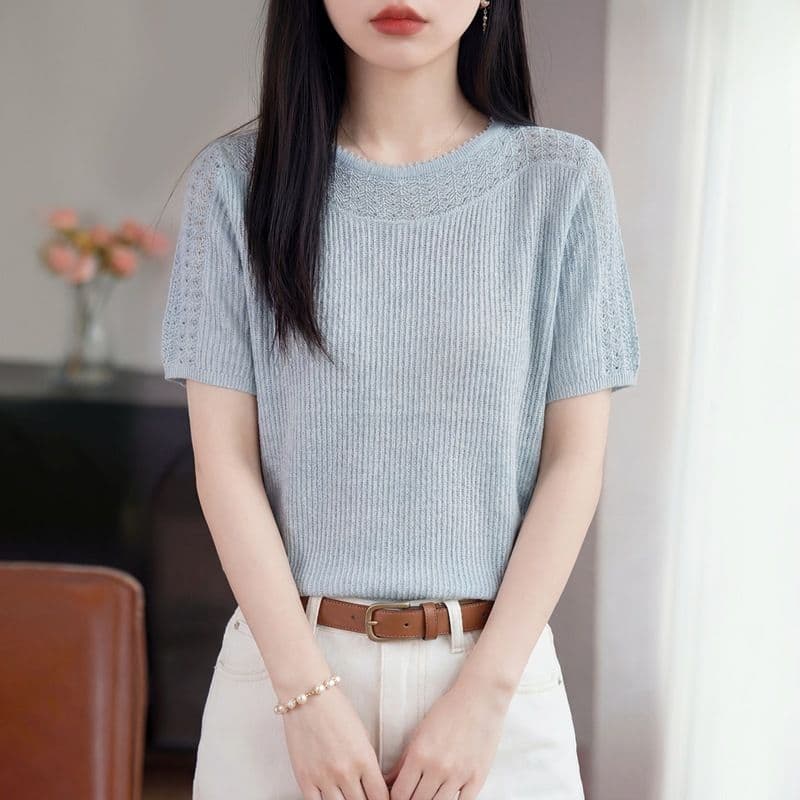 여름 새로운 약화 된 카디건 니트 반팔 여성 라운드 넥 홀로우 아웃 자수 티셔츠 루즈핏 반소매 만나는 맨위 이미지 4