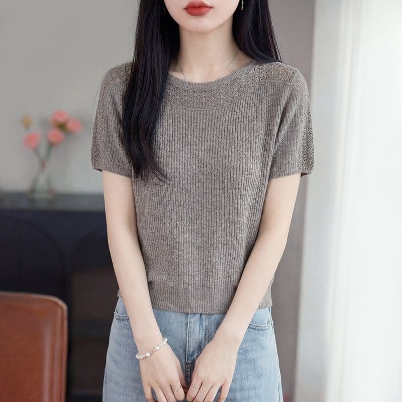 여름 새로운 약화 된 카디건 니트 반팔 여성 라운드 넥 홀로우 아웃 자수 티셔츠 루즈핏 반소매 만나는 맨위