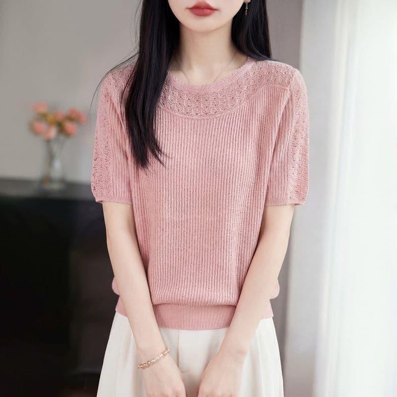 여름 새로운 약화 된 카디건 니트 반팔 여성 라운드 넥 홀로우 아웃 자수 티셔츠 루즈핏 반소매 만나는 맨위 이미지 3