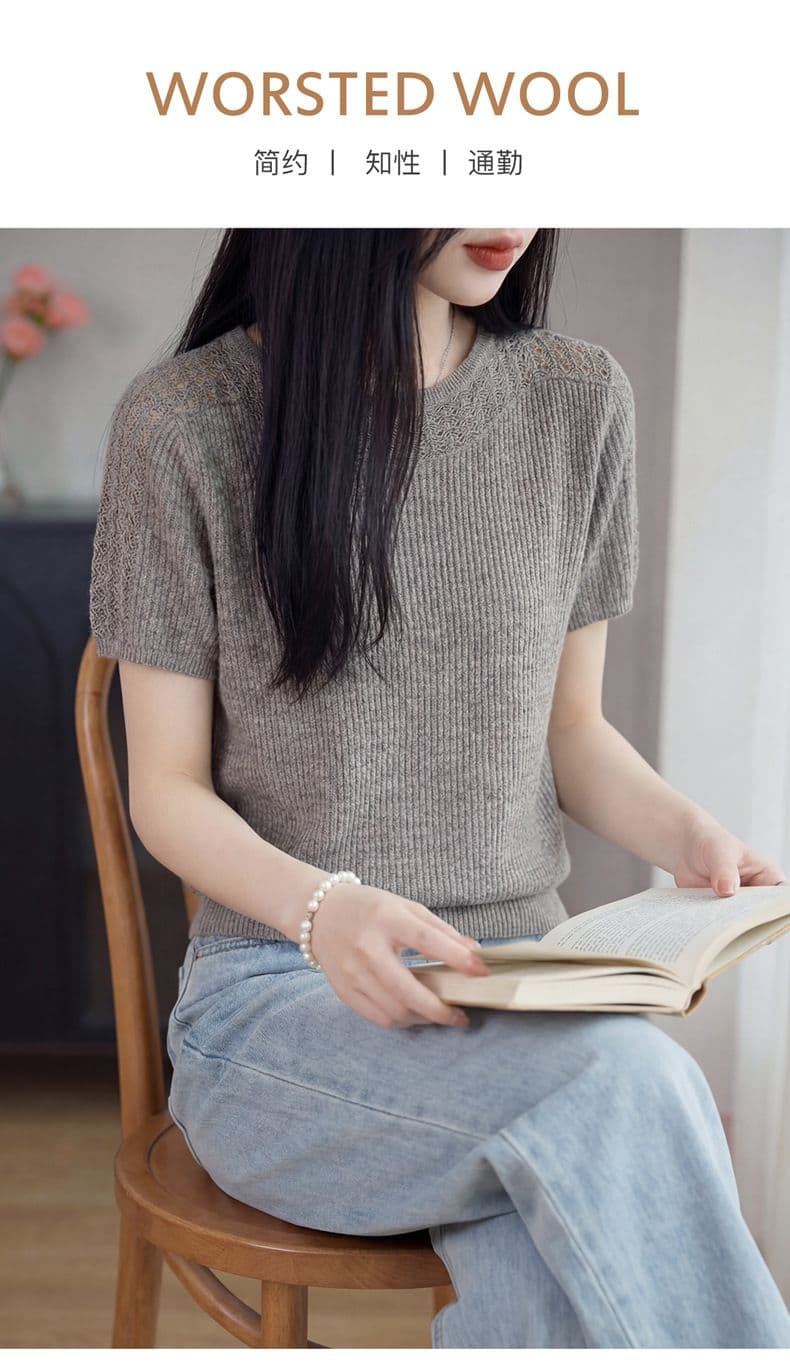 여름 새로운 약화 된 카디건 니트 반팔 여성 라운드 넥 홀로우 아웃 자수 티셔츠 루즈핏 반소매 만나는 맨위 상세 이미지 1