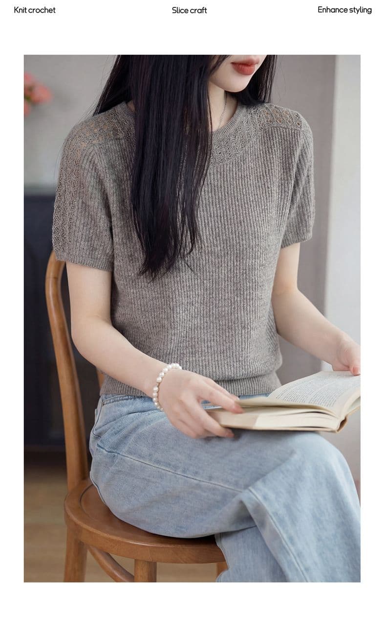 여름 새로운 약화 된 카디건 니트 반팔 여성 라운드 넥 홀로우 아웃 자수 티셔츠 루즈핏 반소매 만나는 맨위 상세 이미지 17