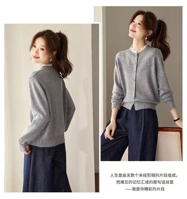 봄 가을 새로운 아름다운 레이스 조각 홀로우 아웃 스웨터 코트 패션 캐주얼 착용 가져 가라. 라운드 넥 니트 오픈 가디건 맨위 상세 이미지 10