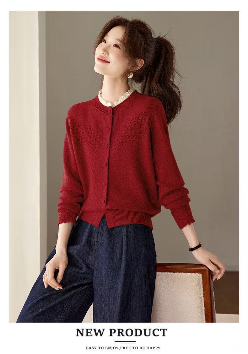 봄 가을 새로운 아름다운 레이스 조각 홀로우 아웃 스웨터 코트 패션 캐주얼 착용 가져 가라. 라운드 넥 니트 오픈 가디건 맨위 상세 이미지 11