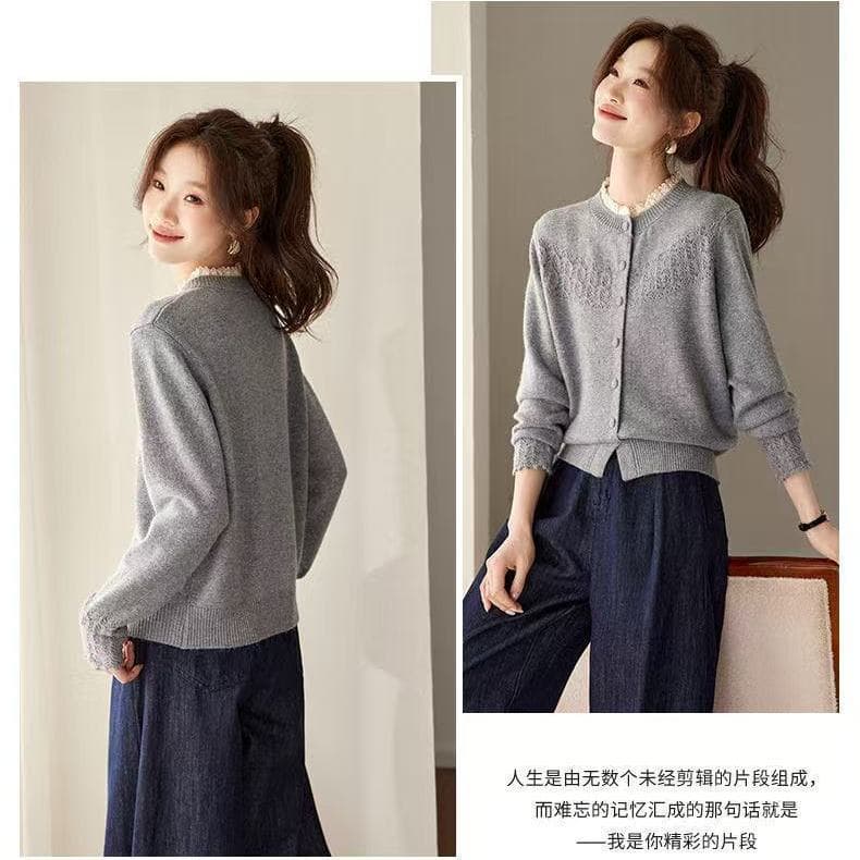 봄 가을 새로운 아름다운 레이스 조각 홀로우 아웃 스웨터 코트 패션 캐주얼 착용 가져 가라. 라운드 넥 니트 오픈 가디건 맨위 상세 이미지 19
