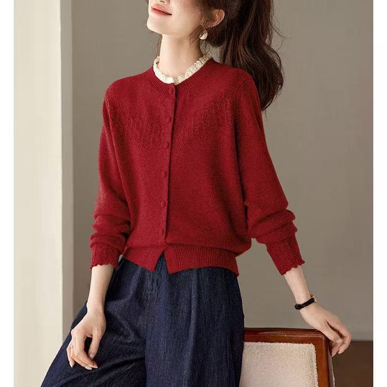 봄 가을 새로운 아름다운 레이스 조각 홀로우 아웃 스웨터 코트 패션 캐주얼 착용 가져 가라. 라운드 넥 니트 오픈 가디건 맨위 상세 이미지 20