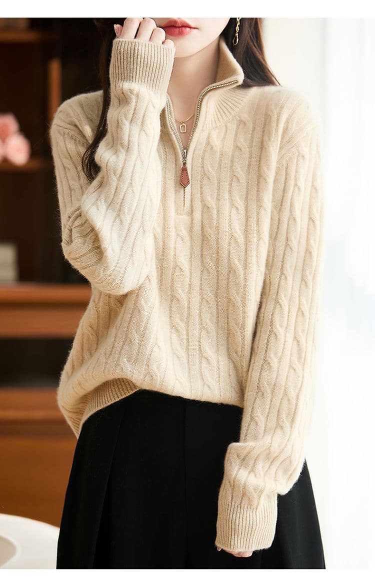 가을 겨울 새로운 반하이넥 스웨터 여자 스탠드 칼라 하프 지퍼 한국 스타일 루즈핏 느긋한 바람 니트 기본 셔츠 맨위 여성 상세 이미지 7
