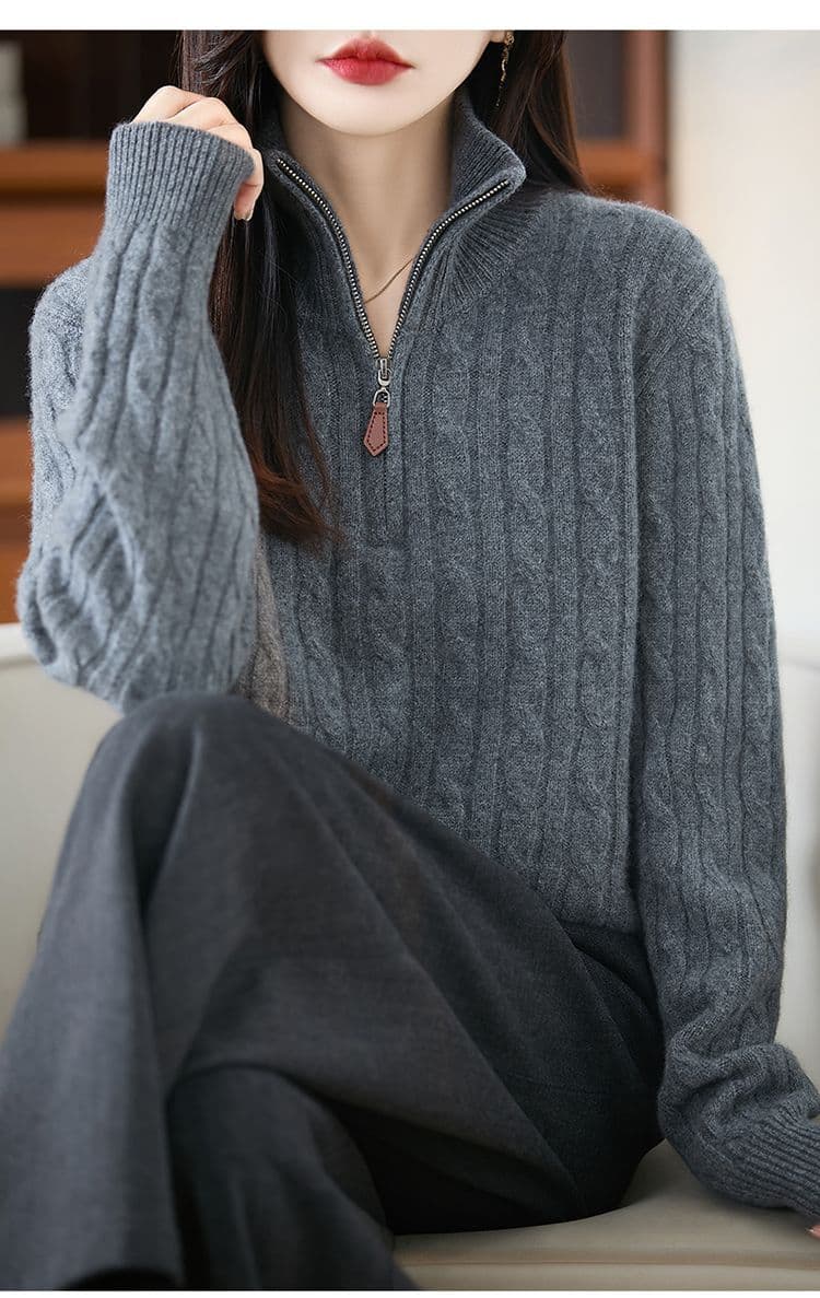 가을 겨울 새로운 반하이넥 스웨터 여자 스탠드 칼라 하프 지퍼 한국 스타일 루즈핏 느긋한 바람 니트 기본 셔츠 맨위 여성 상세 이미지 9