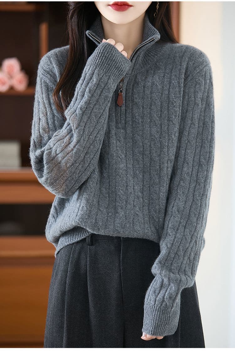 가을 겨울 새로운 반하이넥 스웨터 여자 스탠드 칼라 하프 지퍼 한국 스타일 루즈핏 느긋한 바람 니트 기본 셔츠 맨위 여성 상세 이미지 10
