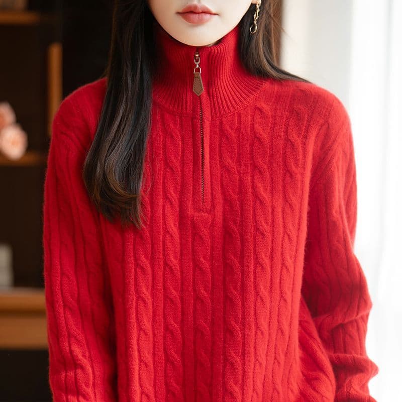 가을 겨울 새로운 반하이넥 스웨터 여자 스탠드 칼라 하프 지퍼 한국 스타일 루즈핏 느긋한 바람 니트 기본 셔츠 맨위 여성 상세 이미지 24