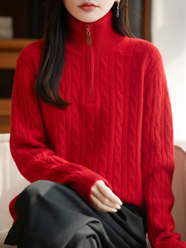 가을 겨울 새로운 반하이넥 스웨터 여자 스탠드 칼라 하프 지퍼 한국 스타일 루즈핏 느긋한 바람 니트 기본 셔츠 맨위 여성 상세 이미지 30