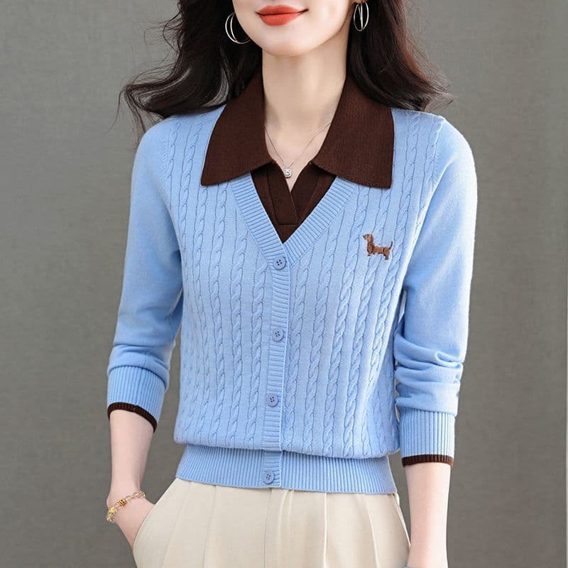 한 부서 패션 새로운 스웨터 봄 가을 폴로 칼라 페이크 레이어드 설정 칼라 트위스트 꽃 루즈핏 만나는 양모 니트 스웨터 이미지 5