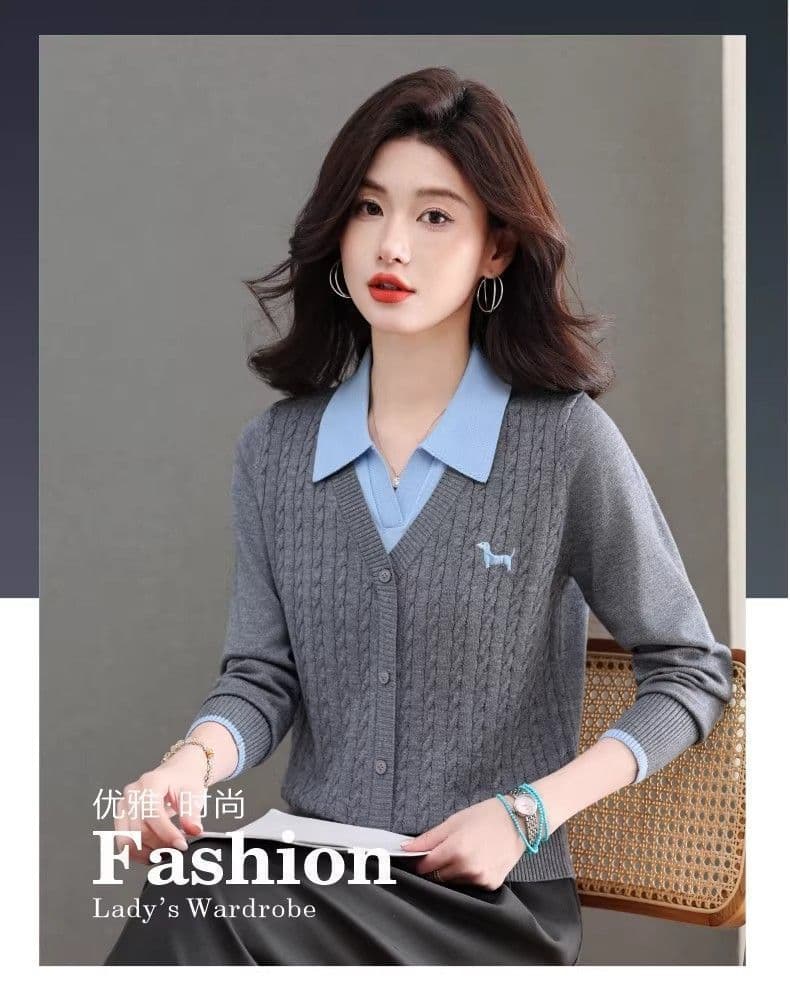 한 부서 패션 새로운 스웨터 봄 가을 폴로 칼라 페이크 레이어드 설정 칼라 트위스트 꽃 루즈핏 만나는 양모 니트 스웨터 상세 이미지 1