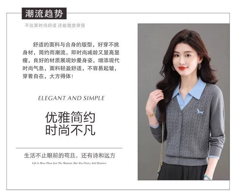 한 부서 패션 새로운 스웨터 봄 가을 폴로 칼라 페이크 레이어드 설정 칼라 트위스트 꽃 루즈핏 만나는 양모 니트 스웨터 상세 이미지 2