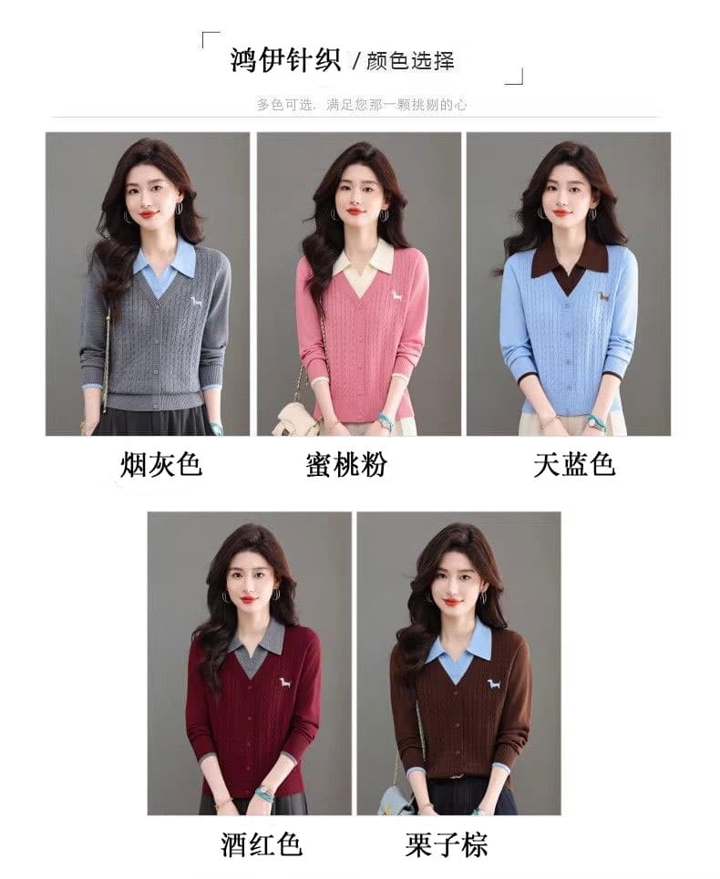 한 부서 패션 새로운 스웨터 봄 가을 폴로 칼라 페이크 레이어드 설정 칼라 트위스트 꽃 루즈핏 만나는 양모 니트 스웨터 상세 이미지 4