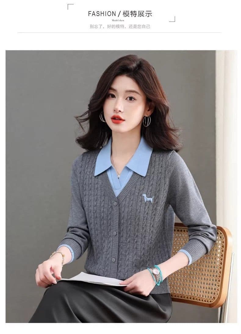 한 부서 패션 새로운 스웨터 봄 가을 폴로 칼라 페이크 레이어드 설정 칼라 트위스트 꽃 루즈핏 만나는 양모 니트 스웨터 상세 이미지 6