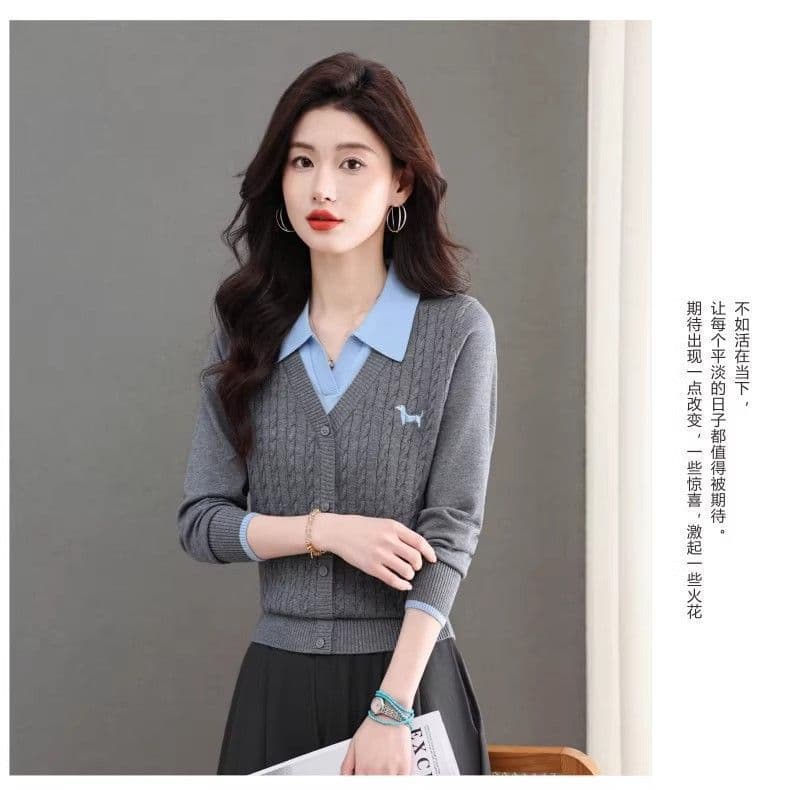 한 부서 패션 새로운 스웨터 봄 가을 폴로 칼라 페이크 레이어드 설정 칼라 트위스트 꽃 루즈핏 만나는 양모 니트 스웨터 상세 이미지 8