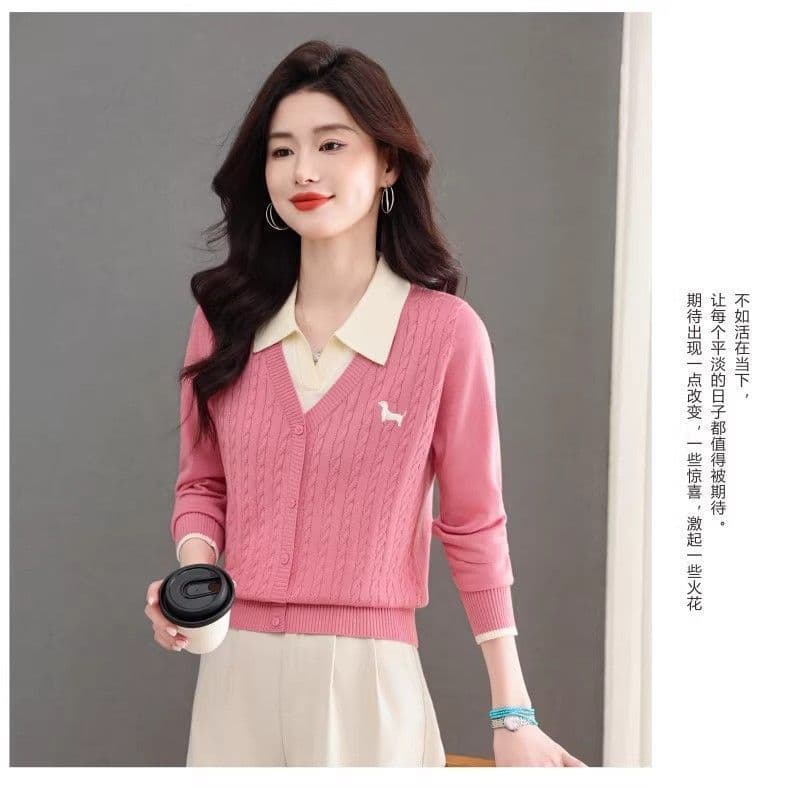한 부서 패션 새로운 스웨터 봄 가을 폴로 칼라 페이크 레이어드 설정 칼라 트위스트 꽃 루즈핏 만나는 양모 니트 스웨터 상세 이미지 11
