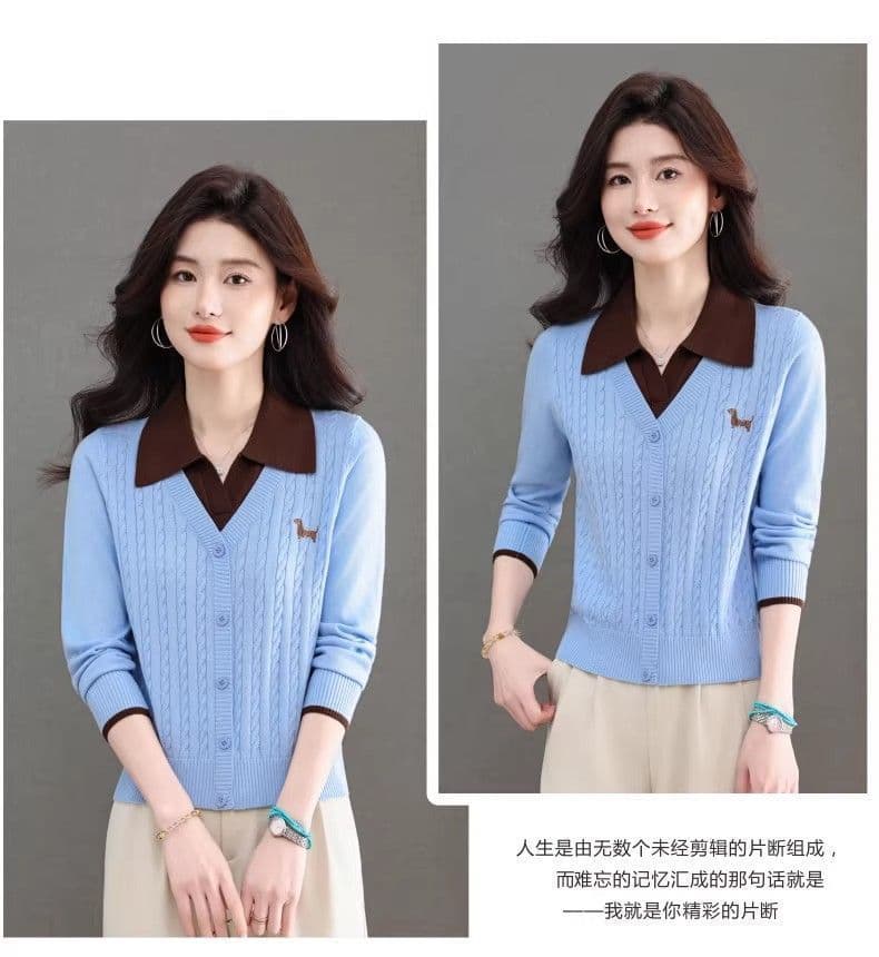 한 부서 패션 새로운 스웨터 봄 가을 폴로 칼라 페이크 레이어드 설정 칼라 트위스트 꽃 루즈핏 만나는 양모 니트 스웨터 상세 이미지 13